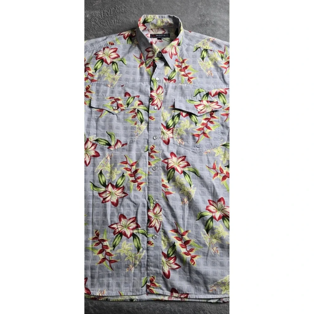 Roper Western Shirt Mens Medium Gray Floral Short Sleeve Hawiian Resort